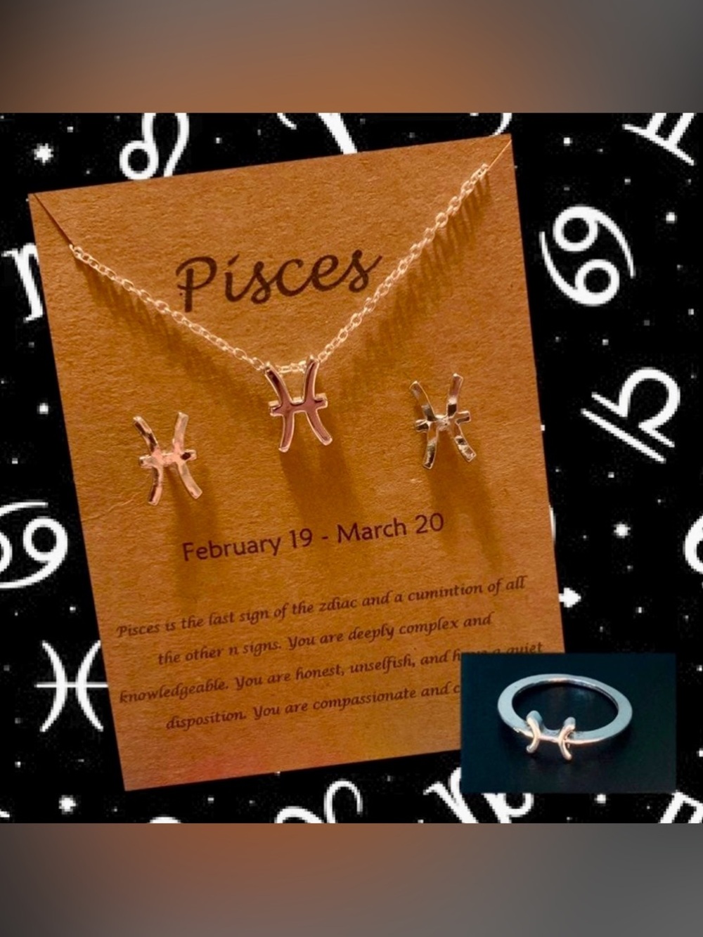 Pisces Zodiac Necklace, Stud Earrings & Ring Set ♓️